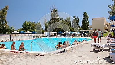 AFANDOU VILLAGE, RHODES, GREECE - JULY 26, 2019: Water aerobics class at Dessole Lippia Golf Resort Hotel Editorial Stock Photo