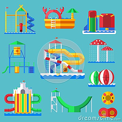 Water amusement aquapark playground with slides and splash pads for family fun vector illustration. Vector Illustration