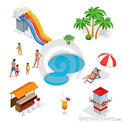 Water amusement park playground with slides and splash pads for family fun set abstract illustration. Water park and Vector Illustration