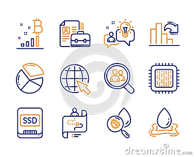 Water analysis, Search employees and Pie chart icons set. Cpu processor, Internet and Bitcoin graph signs. Vector Vector Illustration