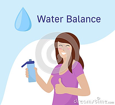 Water balance. Woman holding bottle and showing like hand. Drinking water for health. Vector concept flat illustration Vector Illustration