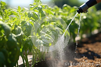 water being sprayed from a drip emitter onto tomato plants Stock Photo
