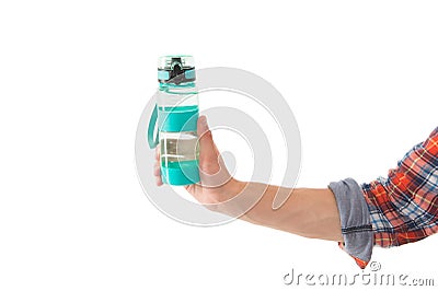 Water is best source of hydration. Water bottle in male hand isolated on white. Satisfying thirst. Healthy water Stock Photo