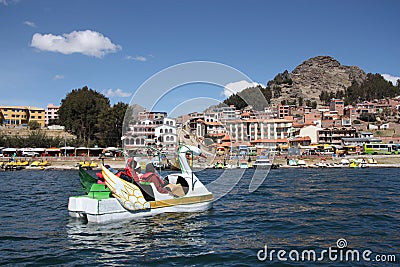 Water bicycle on Titicaca lake, Copacabana, Bolivia Editorial Stock Photo