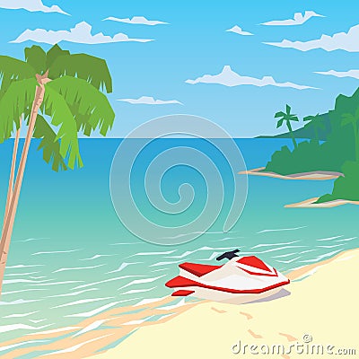 Water bike on sandy beach with palms. Vector Illustration