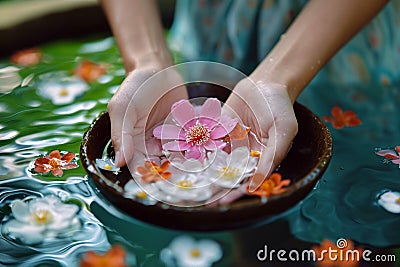 Water bloom Female hand delicately holds a flower in water Stock Photo
