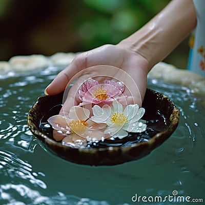 Water bloom Female hand delicately holds a flower in water Stock Photo