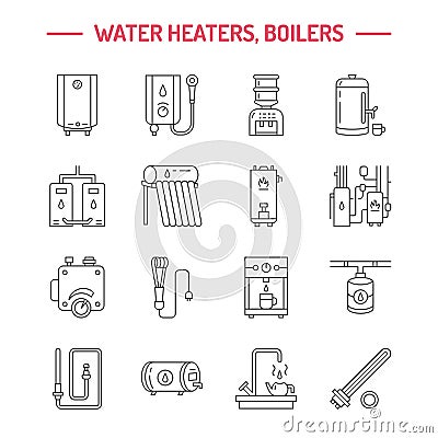 Water boiler, thermostat, electric gas solar heaters and other house heating appliances line icons. Thin linear Vector Illustration