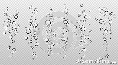 Water bubbles. Abstract fresh soda bubble groups. Effervescent oxygen texture. Underwater fizzing air sparkles isolated Vector Illustration