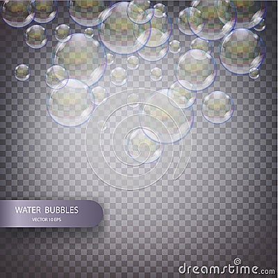 Water bubbles on a transparent checkered background. Underwater effervescent sparkling oxygen bubbles in water Vector Illustration