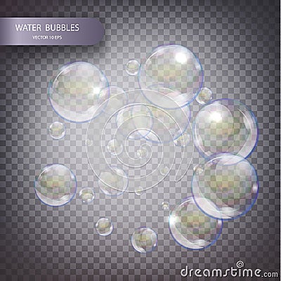 Water bubbles on a transparent checkered background. Underwater effervescent sparkling oxygen bubbles in water Vector Illustration