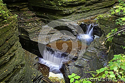 Water cascades in Watkins Glen State Park. Stock Photo