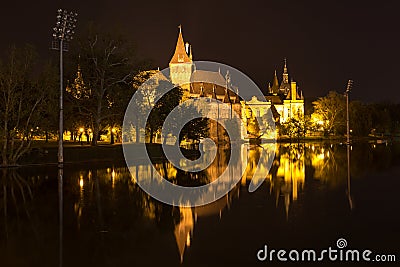 Water castle vajdahunyad budapest hungary at night Stock Photo