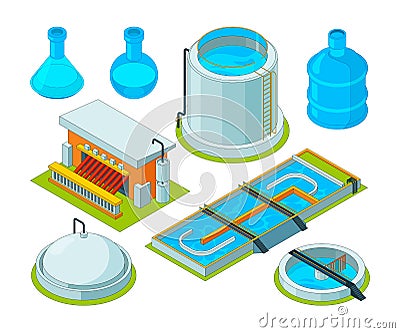 Water cleaning. Watering treatment waste separation transport chemical industrial water purification vector isometric Vector Illustration