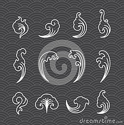 Oriental water icons with wave seamless wallpaper. Japanese. Thai. Chinese. - Vector. Vector Illustration