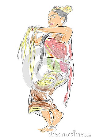 Water color Doodle, Young Girl Traditional Bali Indonesia Traditional Dancer in Action Vector Illustration