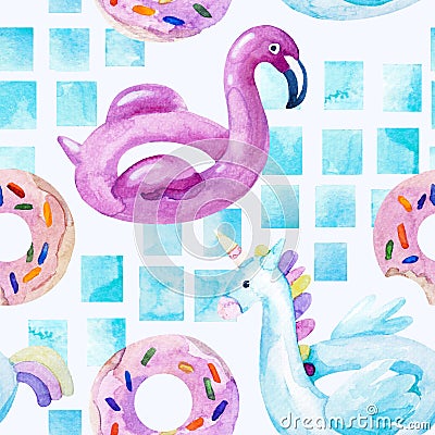 Water color flamingo, unicorn pool float, ring donut lilo floating in blue swimming pool Cartoon Illustration