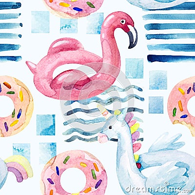 Water color flamingo, unicorn pool float, ring donut lilo floating in blue swimming pool Cartoon Illustration