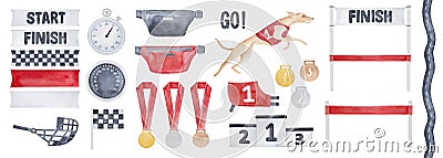 Water color illustration pack of lure coursing dog sport with various objects, symbols, flags, banners, winner podium, medals, tim Cartoon Illustration