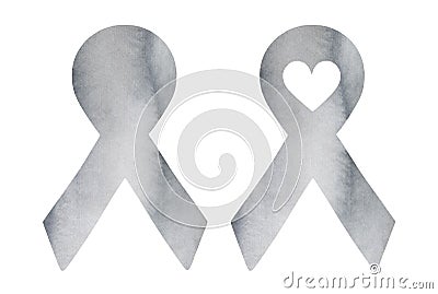 Water color illustration set of two gray ribbons: with love heart shape and clean template that can be used for your text words. Cartoon Illustration