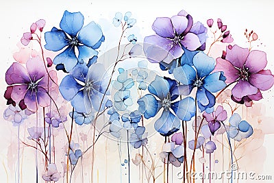 Water color and ink sketch of floral pattern, blue flowers, simplistic, white vignette, white background Stock Photo