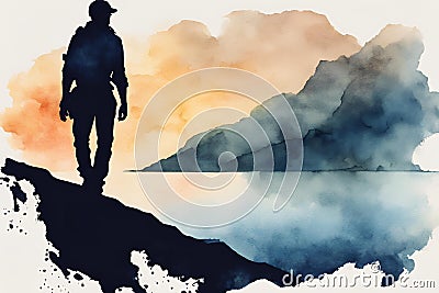 water color male adventure silouette looking into the distance Stock Photo