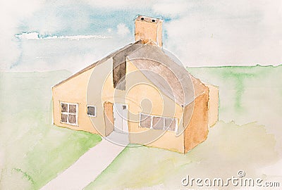 Water Color Painting of a singular individual House with Garden Cartoon Illustration