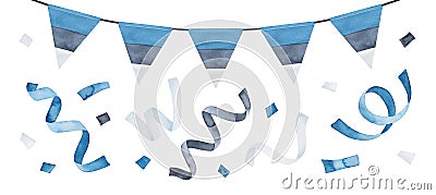 Water color set of garland with triangular flag of Estonia and blue, black and white confetti and party streamers. Stock Photo