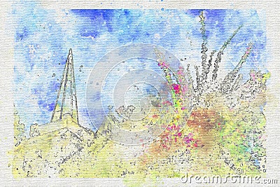 Water colour of church spire , blue sky and bougainvillea flower Stock Photo