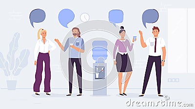 Water cooler talk. Office workers conversation, people drink water and talking with speech bubbles vector illustration Vector Illustration