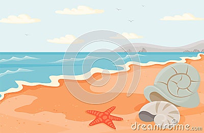 Water covers sandy beach with starfish and seashells. Seascape with salty water on seashore Vector Illustration