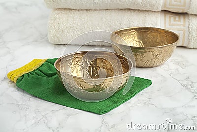 Water cups in the Hammam Stock Photo