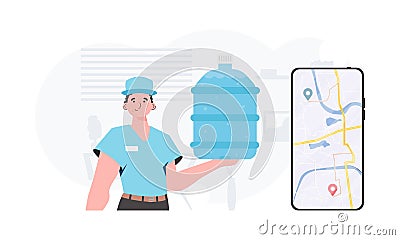 Water delivery concept. The man is holding a large water bottle. The trendy character is shown to the waist. Vector Vector Illustration
