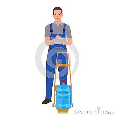 Water delivery service. Cool vector character with delivery cart with bottles. Water cooler rental, supply and shipping service Vector Illustration