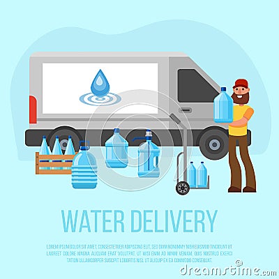 Water delivery service. Vector character with delivery cart with bottles. Water cooler rental, supply and shipping Vector Illustration