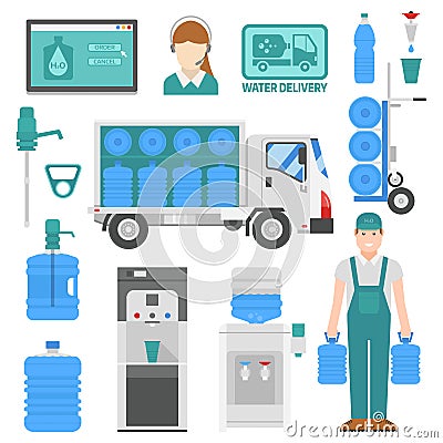 Water delivery set of design vector elements. Vector Illustration