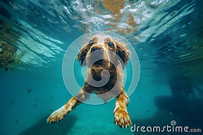 underwater dog pool funny puppy snorkeling fun swimming vacation water. Generative AI. Stock Photo