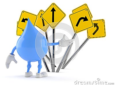 Water drop character confused with road signs Cartoon Illustration