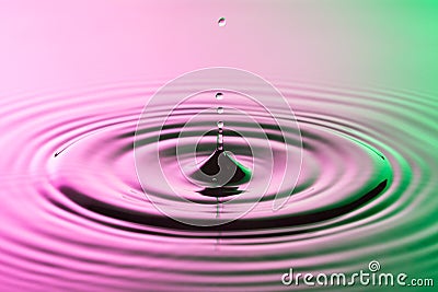 Water drop close with concentric ripples on colourful pink and green surface Stock Photo