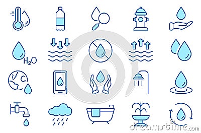 Water Drop Ecology Liquid Line Icon Set. Drink Clean Water Linear Pictogram. Faucet, Tap, Fountain, Soda, Rain, Shower Vector Illustration