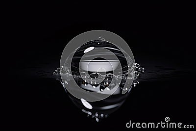 Water drop falling down on surface. Collagen, vitamin or serum drop splash for moisturizer. Liquid molecule chemical structure Stock Photo