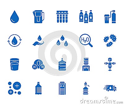 Water drop flat glyph icons set. Aqua filter, softener, ionization, disinfection, glass vector illustrations. Signs for Vector Illustration