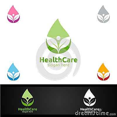 Water Drop Health Care Medical Logo with Human and Leaf Character for Therapy, Wellness, Spa, Education, Nutrition, or Fitness Vector Illustration