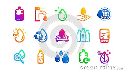 Water drop icons. Bottle, Antibacterial filter and Tap water. Classic icon set. Vector Vector Illustration