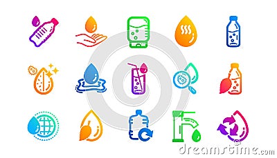Water drop icons. Bottle, Antibacterial filter and Tap water. Classic icon set. Vector Vector Illustration