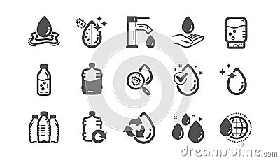 Water drop icons. Bottle, Antibacterial filter and Tap water. Classic icon set. Vector Vector Illustration