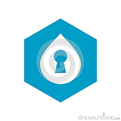 Water drop and key hole symbol, blue hexagon shape icon Vector Illustration