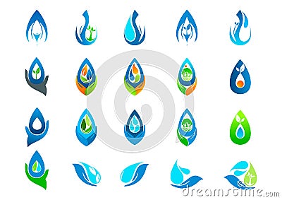 Water drop,logo,hand care,garden,nature,oil,healthy,plant,ecology and water symbol design icon set Vector Illustration