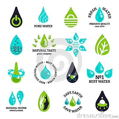 Water drop logo. Liquid splash and pure mineral water symbol, raindrop and cold mountain mineral aqua geometric sign Vector Illustration