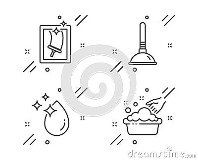 Water drop, Plunger and Window cleaning icons set. Hand washing sign. Vector Vector Illustration